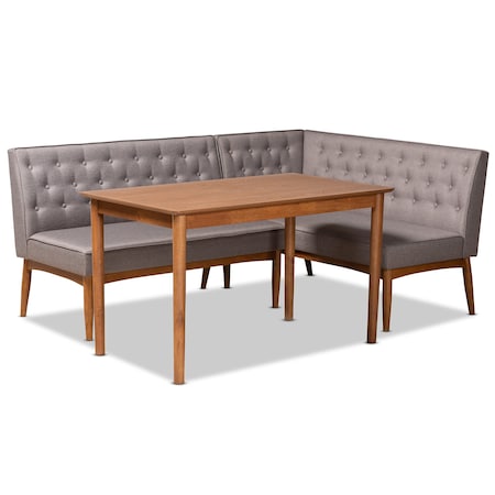 Baxton Studio Riordan Mid-Century Modern Grey Fabric and Walnut Brown Finished Wood 3-Piece Dining Nook Set 186-11355-9305-Zoro